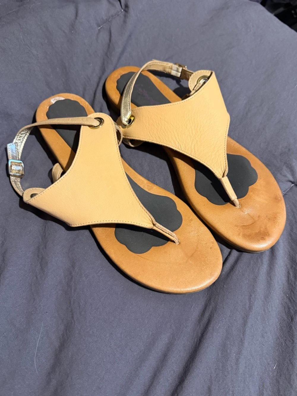 Women's Leather  T-Strap Sandals with Metallic Ankle Strap